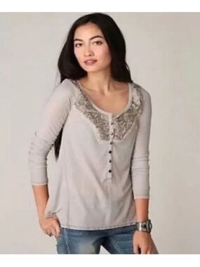 Free People Women's Cream Embroidered Henley Long-Sleeve Top